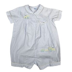 Vintage Babycrest Baby Blue Embroidered Train‎ Romper 24M Boys O12